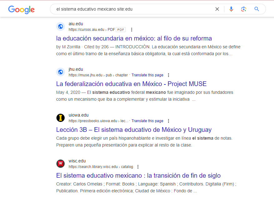 ejemplo de búsqueda con site:edu